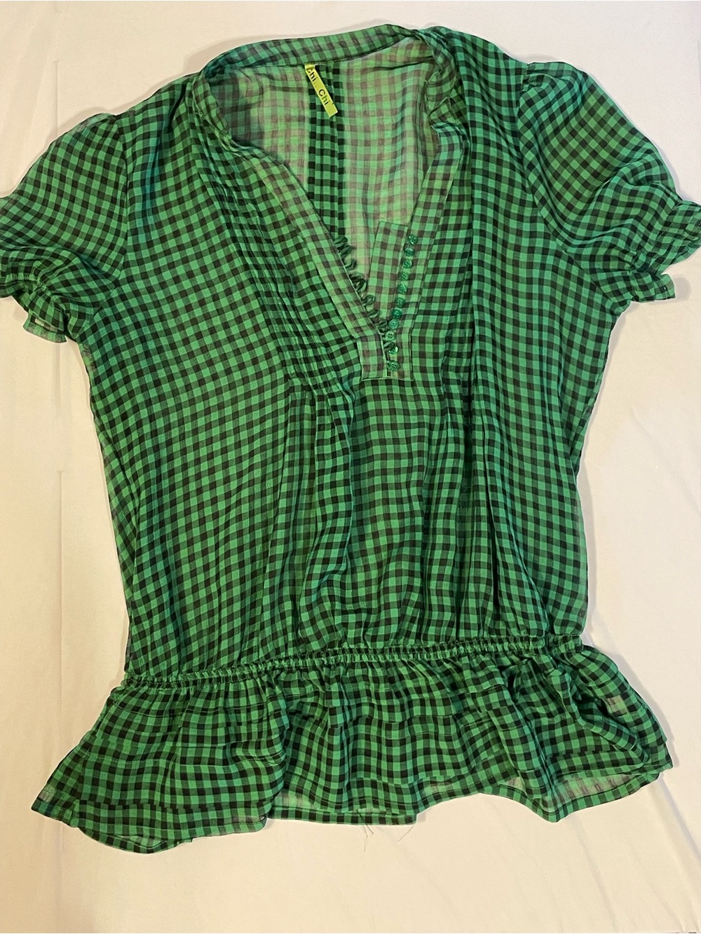 Green Gingham Short Sleeve Peplum Blouse - Lightweight Women's Top
